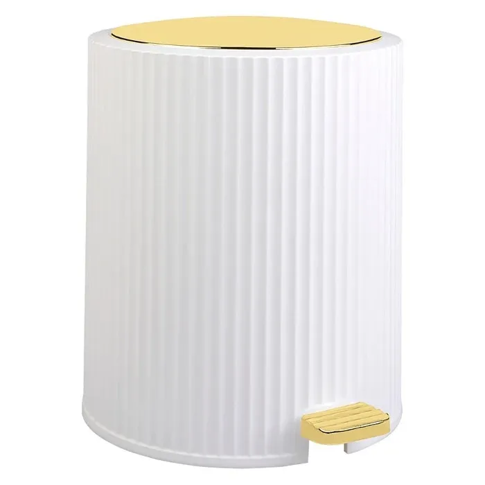 Cos de gunoi cu pedala, plastic, forma cilindrica, alb + auriu, 5 L
