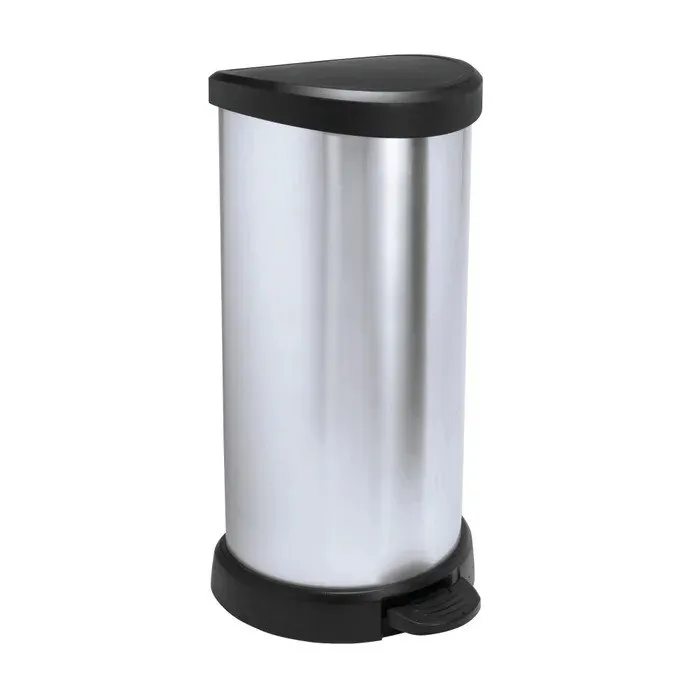 Cos de gunoi cu pedala si capac batant, Curver Deco Metal 181125, plastic, forma cilindrica, gri, 40 L