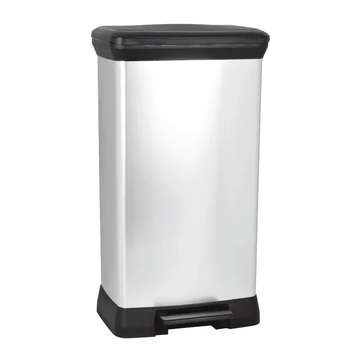 Cos de gunoi cu pedala si capac batant, Curver Deco Metal 187152, plastic, forma dreptunghiulara, gri, 50 L