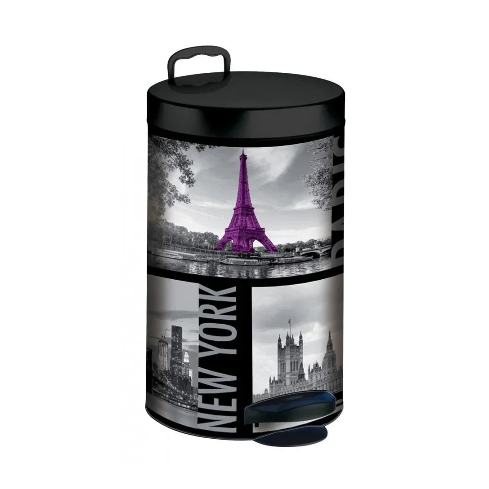 Cos de gunoi cu pedala si capac batant, Metropolis Studio Casa, metal, forma cilindrica, multicolor, 12 L