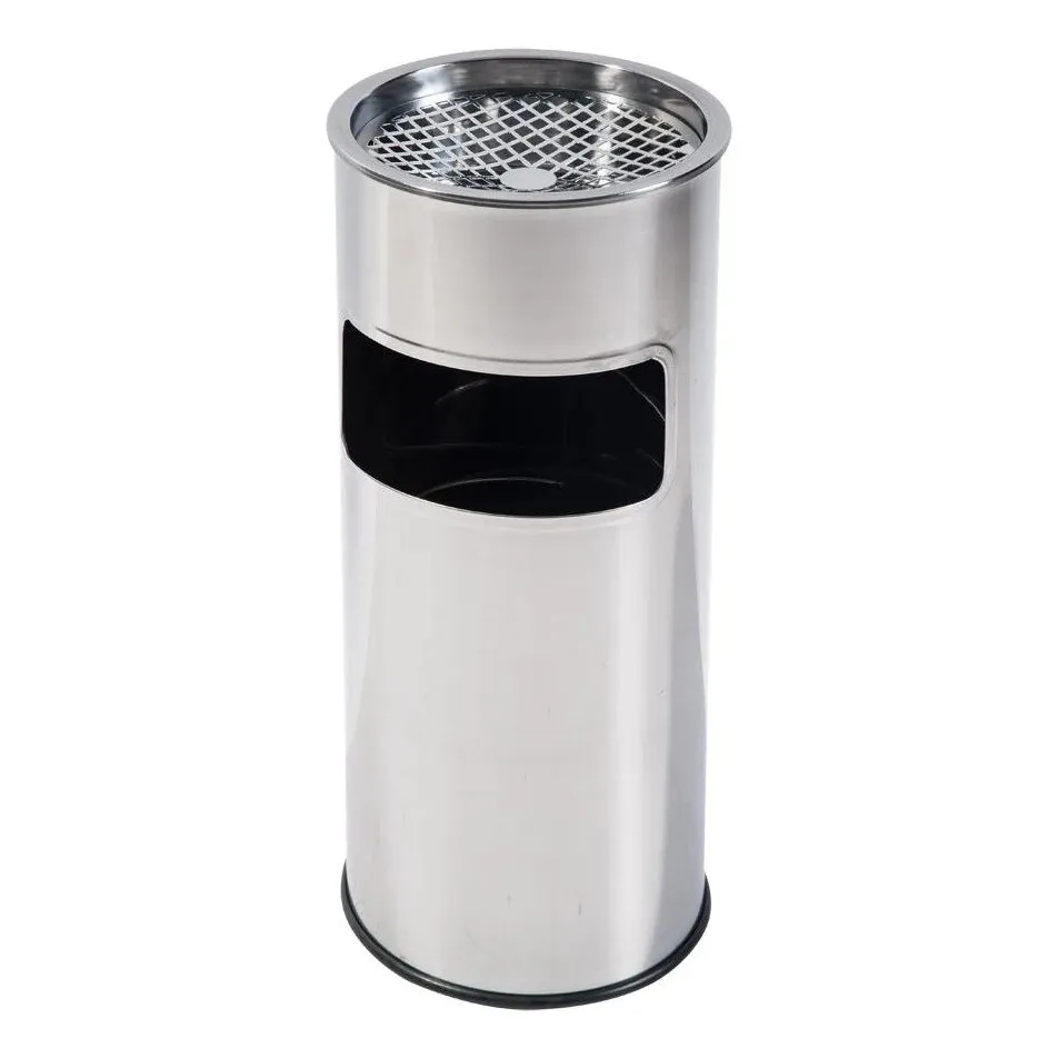Cos de gunoi cu scrumiera pentru exterior, Plastor, D 25 cm, inox, forma cilindrica, cromat, 9 L