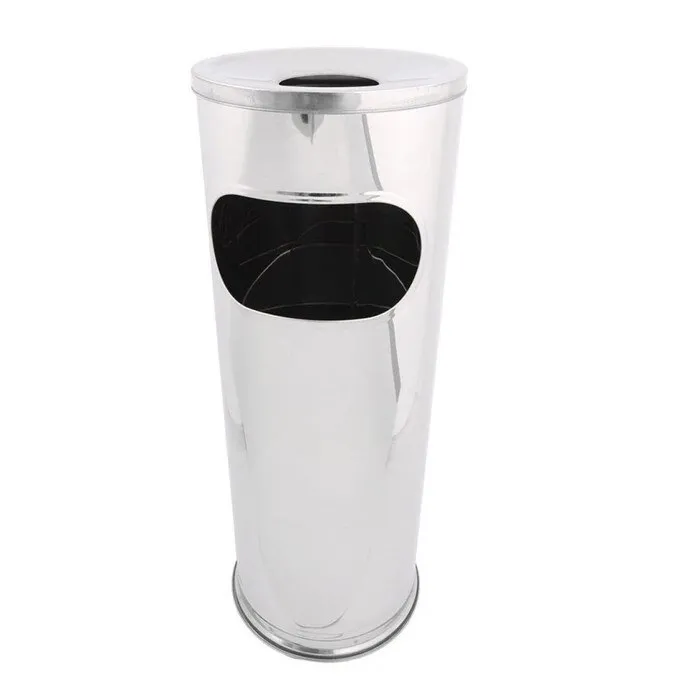 Cos de gunoi cu scrumiera pentru exterior, Plastor, D 30 cm, inox, forma cilindrica, cromat, 11 L