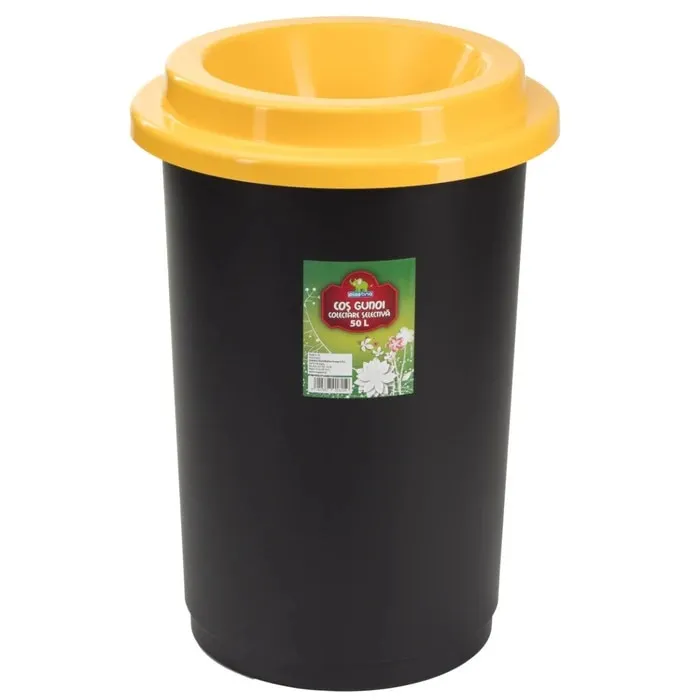 Cos de gunoi, Plastina, pentru colectare selectiva, cu capac galben, plastic, forma cilindrica, negru, 50 L