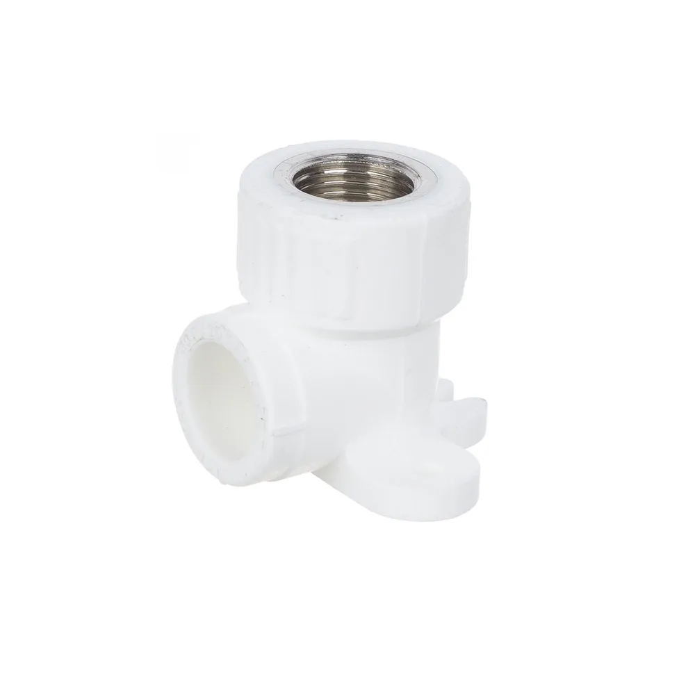 Cot teava PPR, 90 grade, filet interior, cu prindere de perete, Ø 20 mm x 1/2', alb