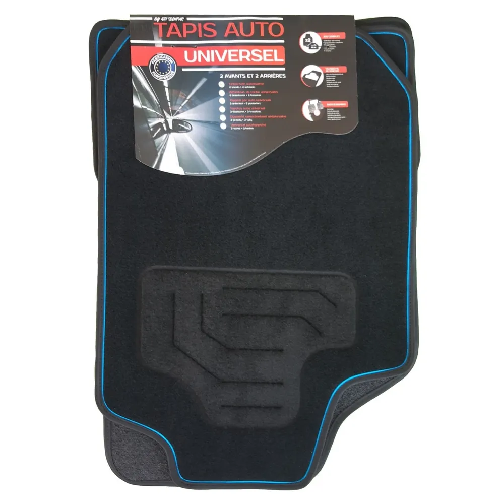 Covorase auto, universale, mocheta, 65 x 45 / 33 x 45 cm, negru, cu bordura albastra, set 4 bucati