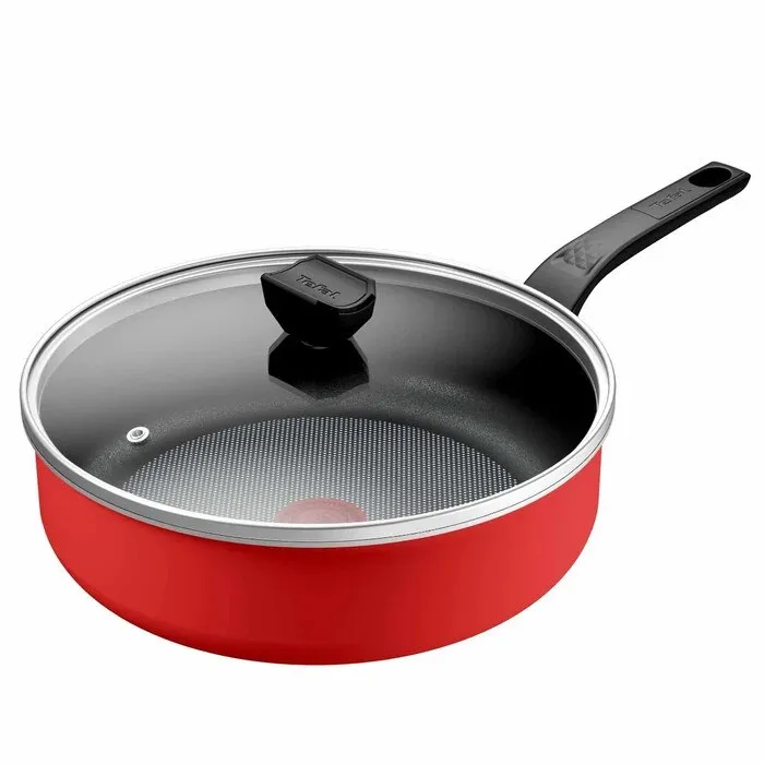 Cratita cu capac de sticla Tefal Easy Start B4463202, Thermo-Signal, invelis antiaderent, rosu, 24 cm, 3.36 l
