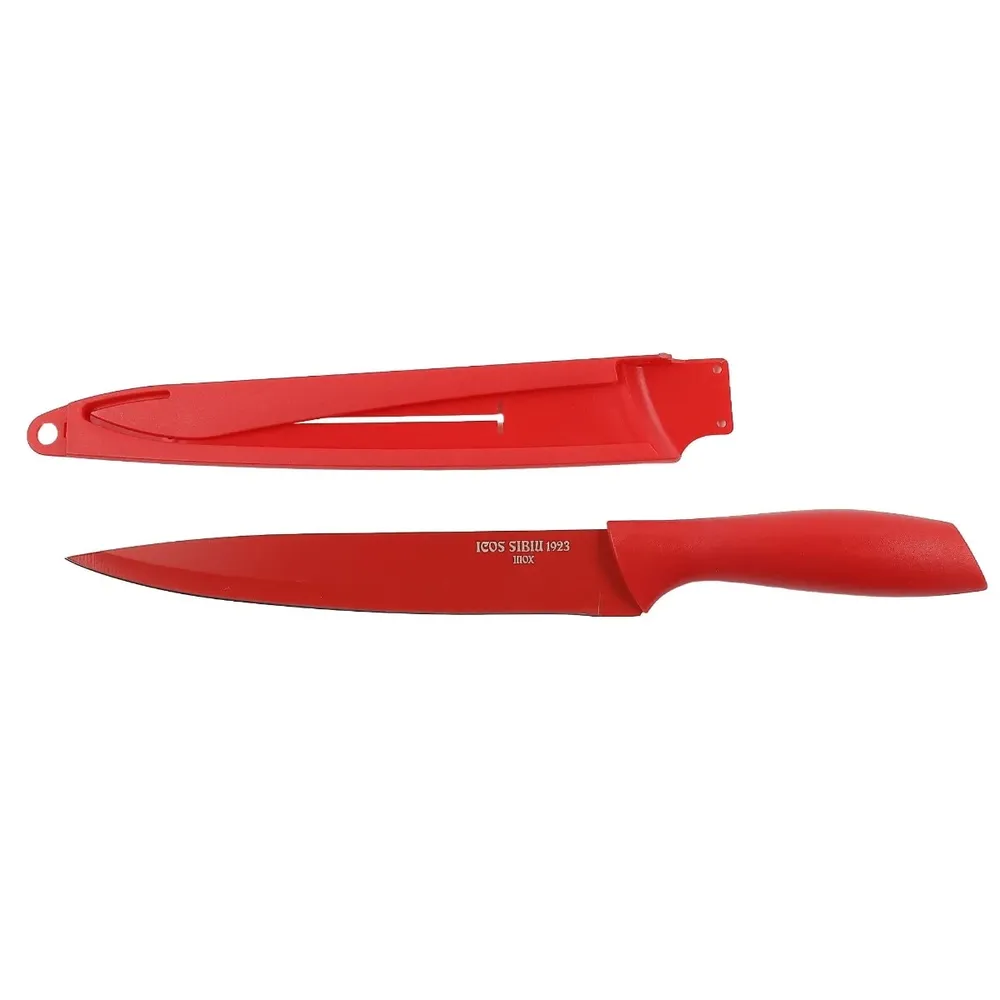 Cutit pentru feliat Icos JJ16093, maner plastic, rosu, lama 19 cm, cu teaca protectie