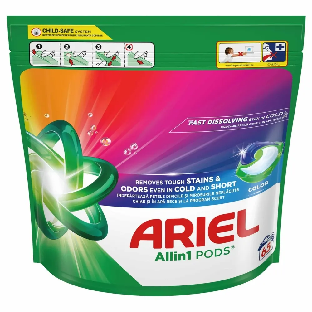 Detergent de rufe capsule, Ariel All in 1 Pods Color, pentru rufe colorate, 65 spalari