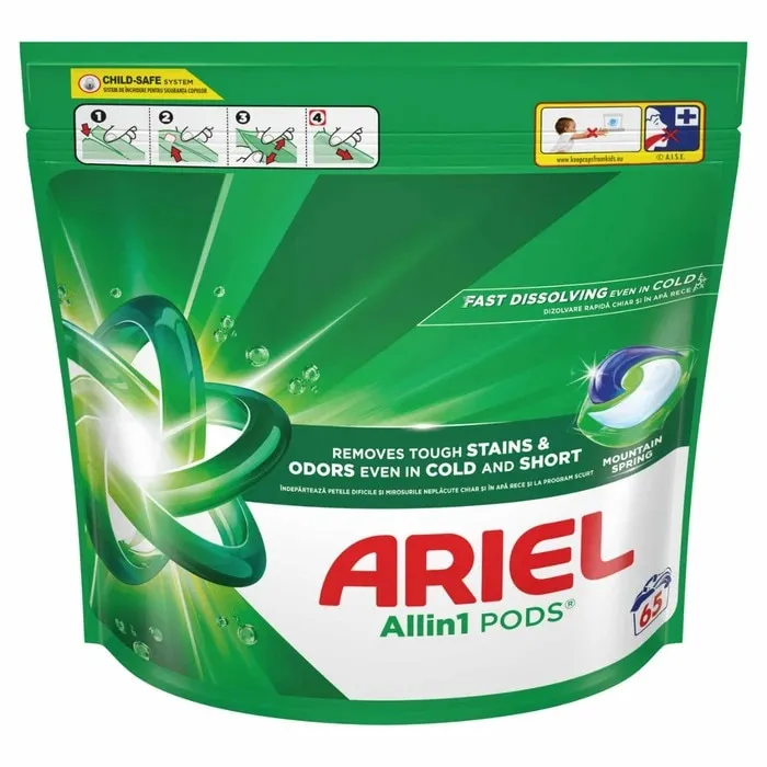 Detergent de rufe capsule, Ariel All in 1 Pods Mountain Spring, pentru rufe colorate, 65 spalari