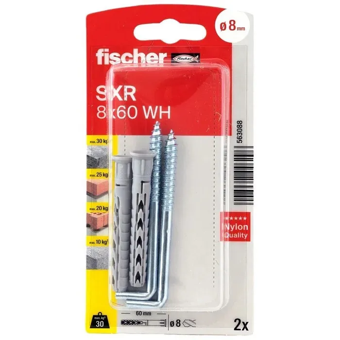 Diblu pentru zidarie, din nylon, cu carlig in vinclu, Fischer WH 563088, 8 x 60 mm, set 2 bucati