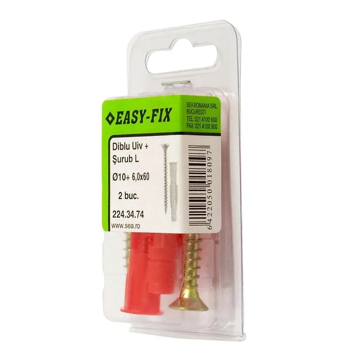 Diblu universal din nylon, 10 x 60 mm, cu surub, 6 x 60 mm, set 2 bucati