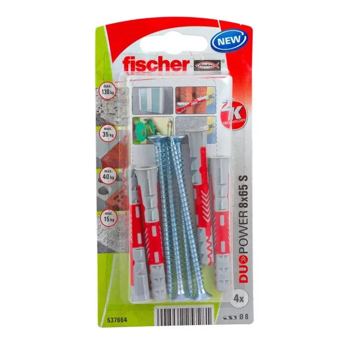 Diblu universal, din nylon, 8 x 65 mm, Fischer Duopower, cu surub, 5 x 80 mm, cu cap inecat, PZ2, set 4 bucati