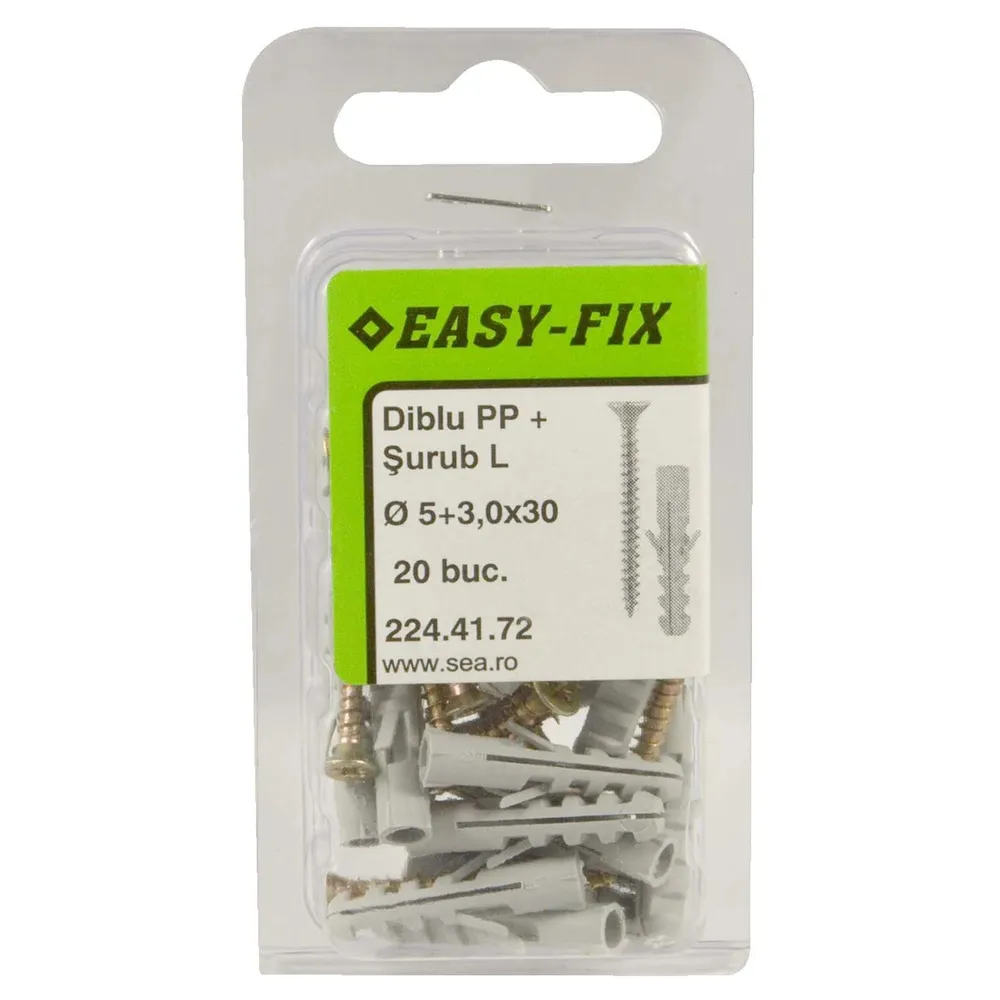 Diblu universal din polipropilena, 5 x 25 mm, cu surub 3 x 30 mm, set 20 bucati