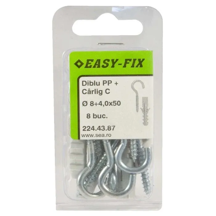 Diblu universal din polipropilena, 8 x 40 mm, cu carlig C, 5 x 40 mm, set 8 bucati