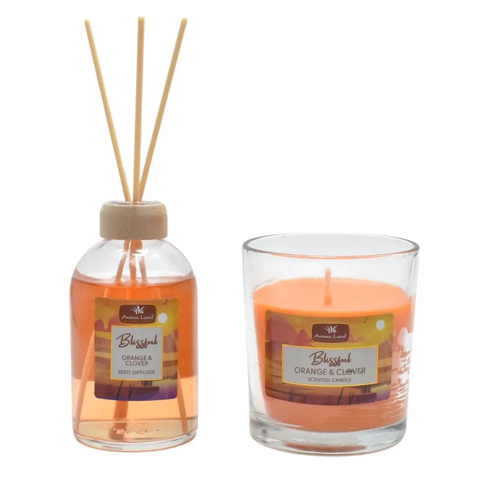 Difuzor parfum cu betisoare + lumanare Blissful, Aroma Land, aroma portocala + cuisoare, 100 ml