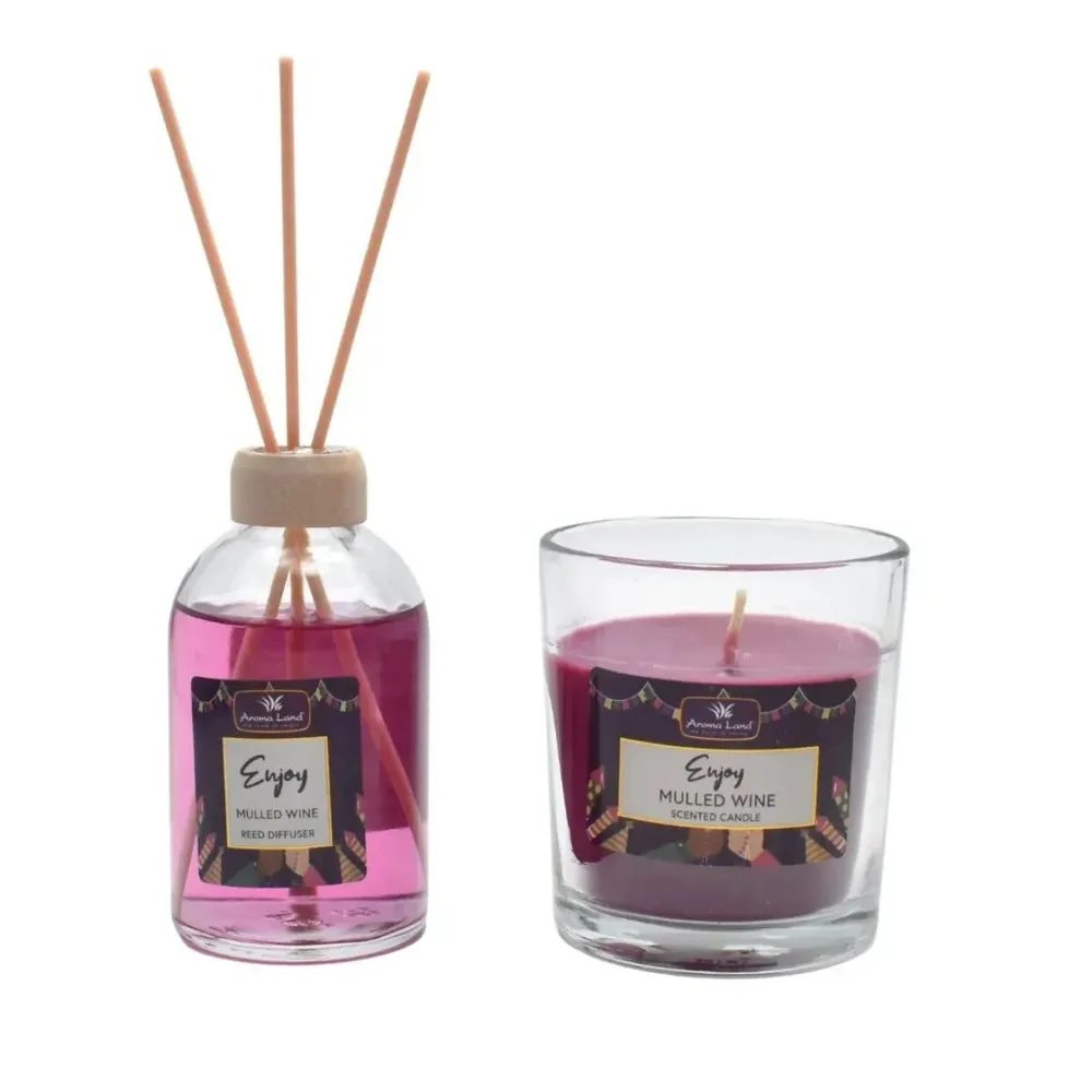 Difuzor parfum cu betisoare + lumanare Enjoy, Aroma Land, aroma vin fiert, 100 ml