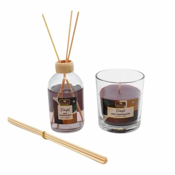Difuzor parfum cu betisoare + lumanare parfumata, Ciocolata fierbinte, Aroma Land, 100 ml