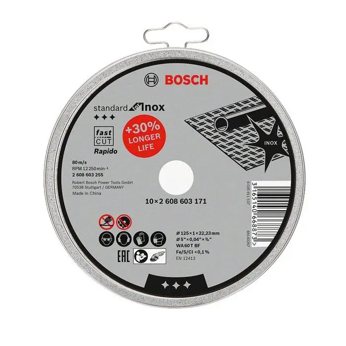 Disc debitare inox, Bosch Standard for Inox Rapido, 125 x 22.23 x 1 mm, set 10 bucati