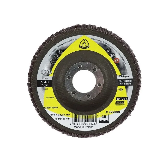 Disc lamelar frontal, pentru otel / metale neferoase, Klingspor SMT 314, 115 x 22.23 mm, granulatie 40