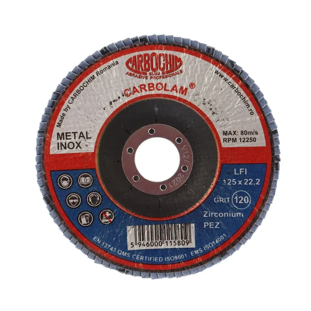 Disc lamelar pentru otel/inox, Carbochim SFI, 125x22mm, granulatie 120