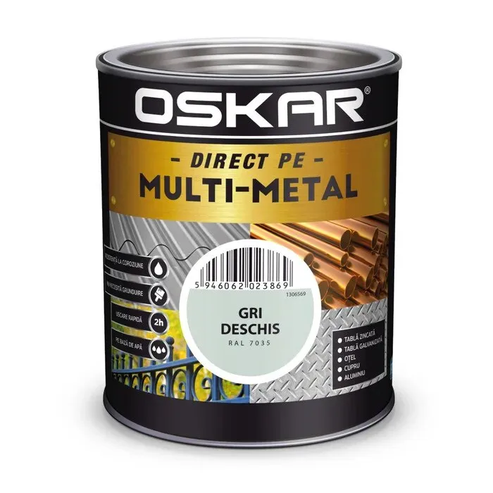 Email 3 in 1 pentru metal, Oskar Multi-metal, pe baza de apa, gri deschis, 0.75 L