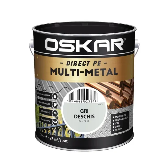 Email 3 in 1 pentru metal, Oskar Multi-metal, pe baza de apa, gri deschis, 2.5 L