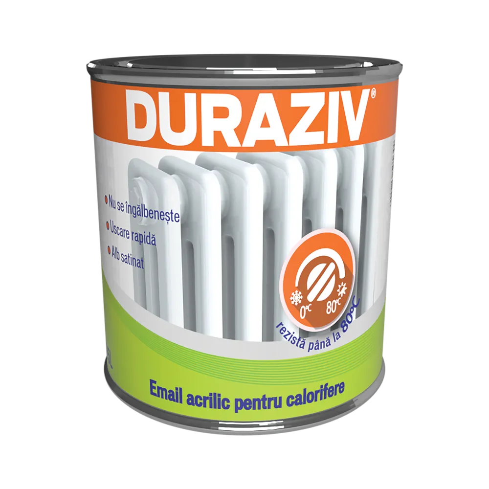 Email pe baza de apa Duraziv, pentru calorifer, termorezistent, alb, aspect satinat, 0.65 L