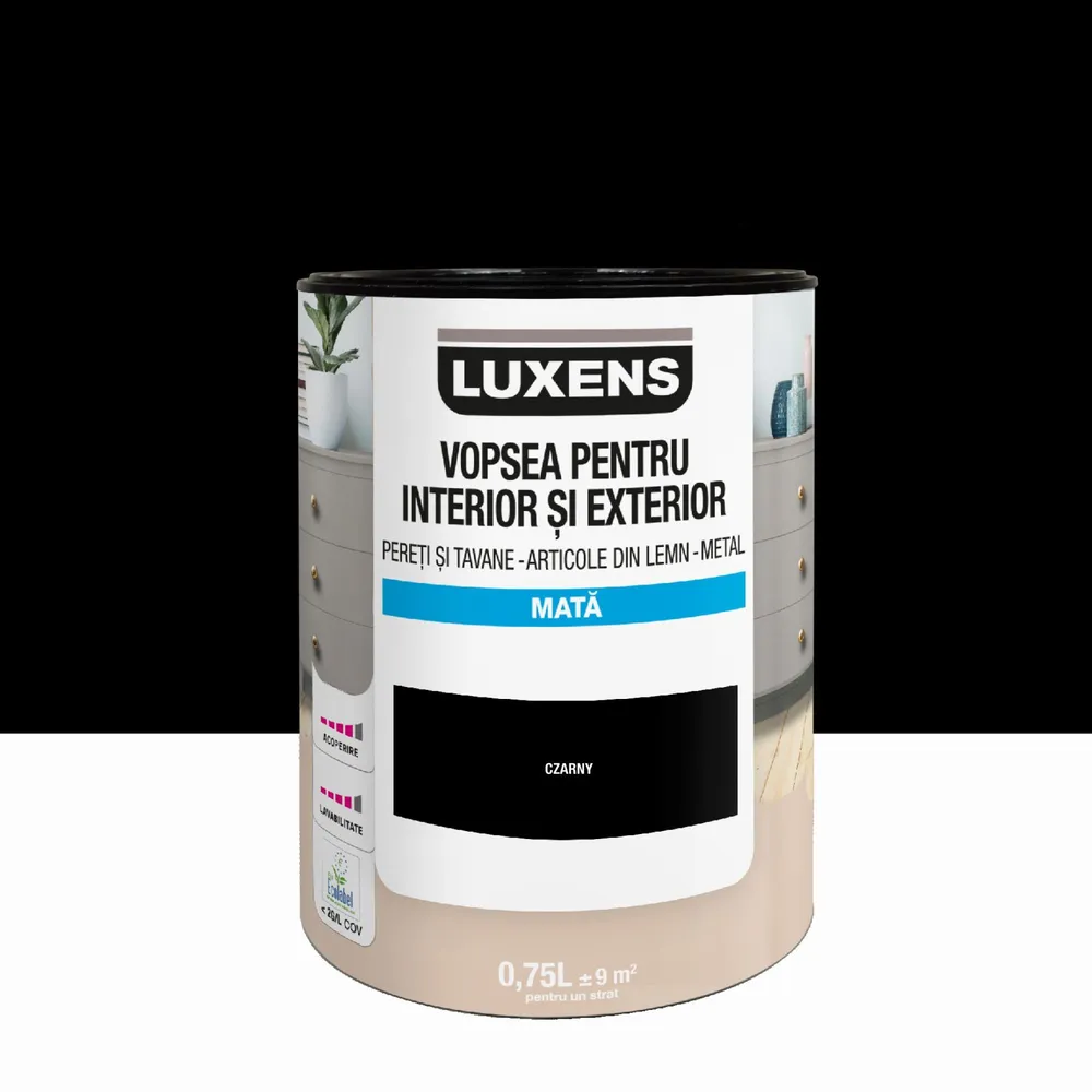 Email pe baza de apa Luxens, pentru pereti si tavane, lemn si metal, Black0, aspect mat, 0.75 L