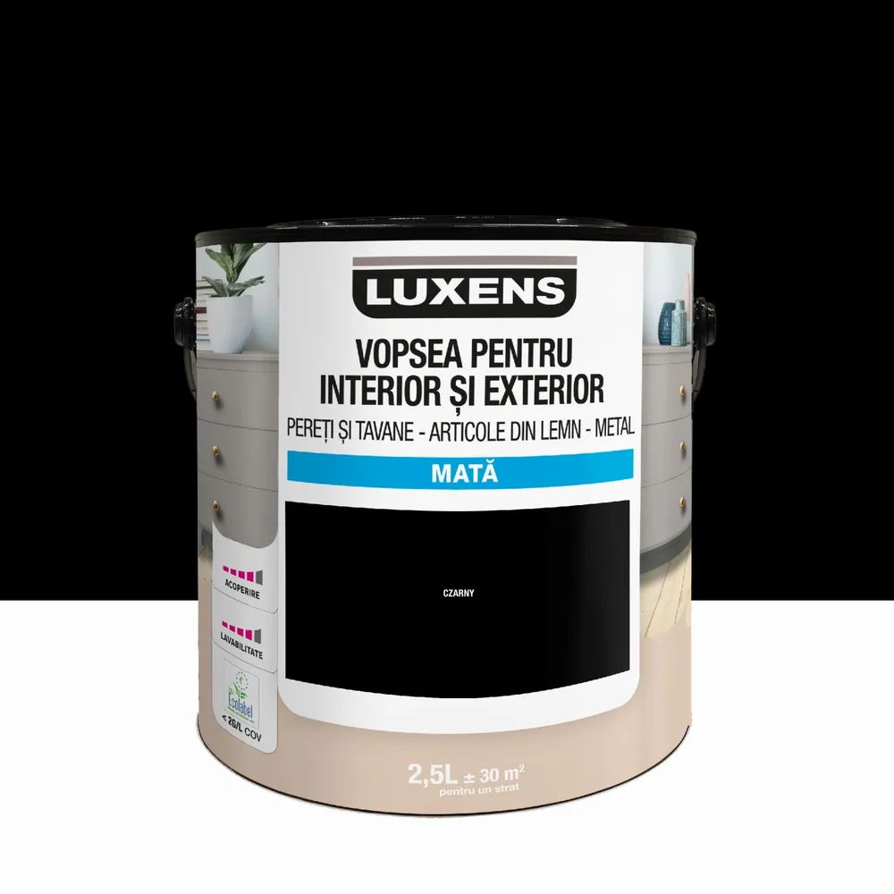 Email pe baza de apa Luxens, pentru pereti si tavane, lemn si metal, Black0, aspect mat, 2.5 L