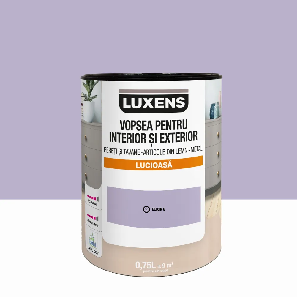 Email pe baza de apa Luxens, pentru pereti si tavane, lemn si metal, Elixir6, aspect lucios, 0.75 L
