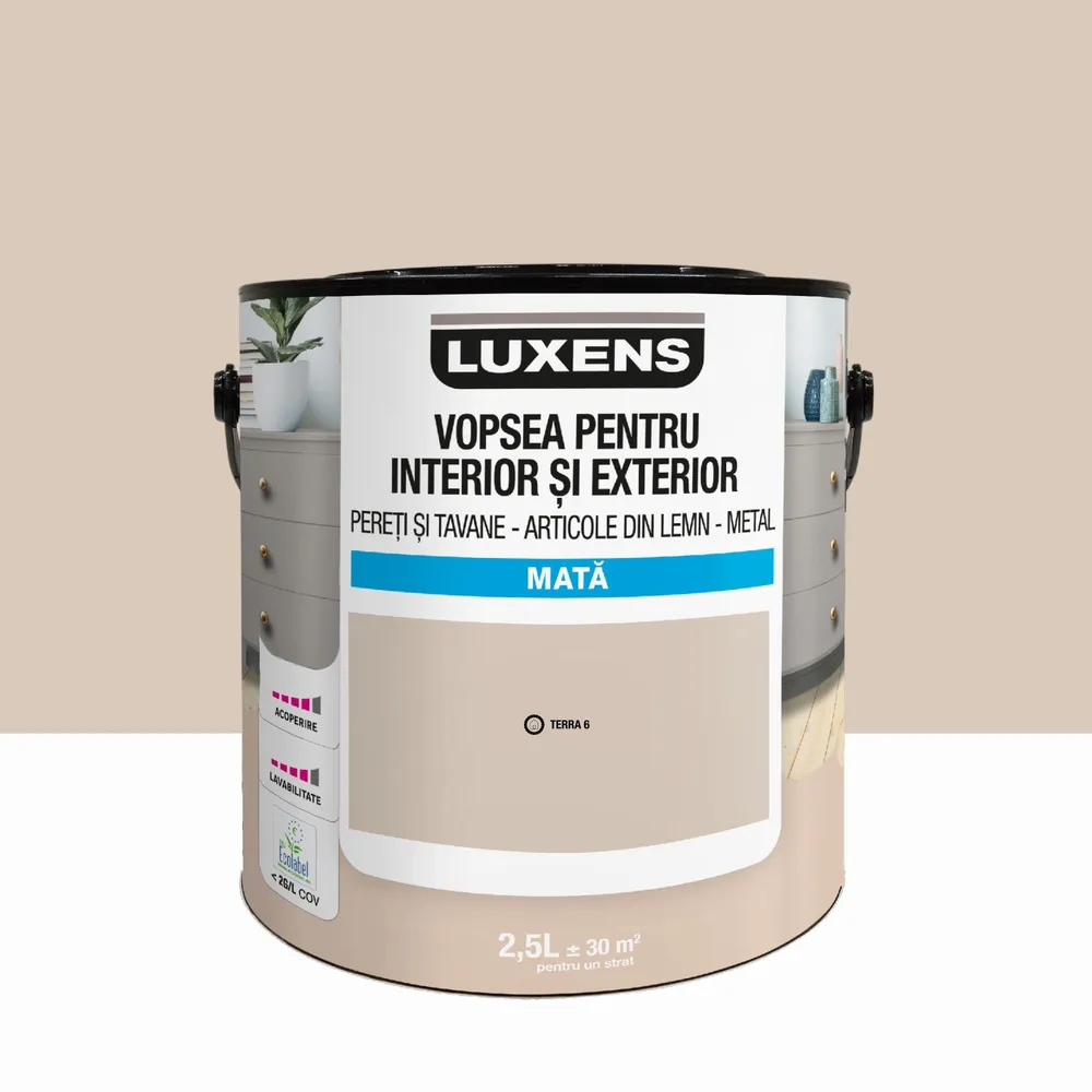 Email pe baza de apa Luxens, pentru pereti si tavane, lemn si metal, Terra6, aspect mat, 2.5 L