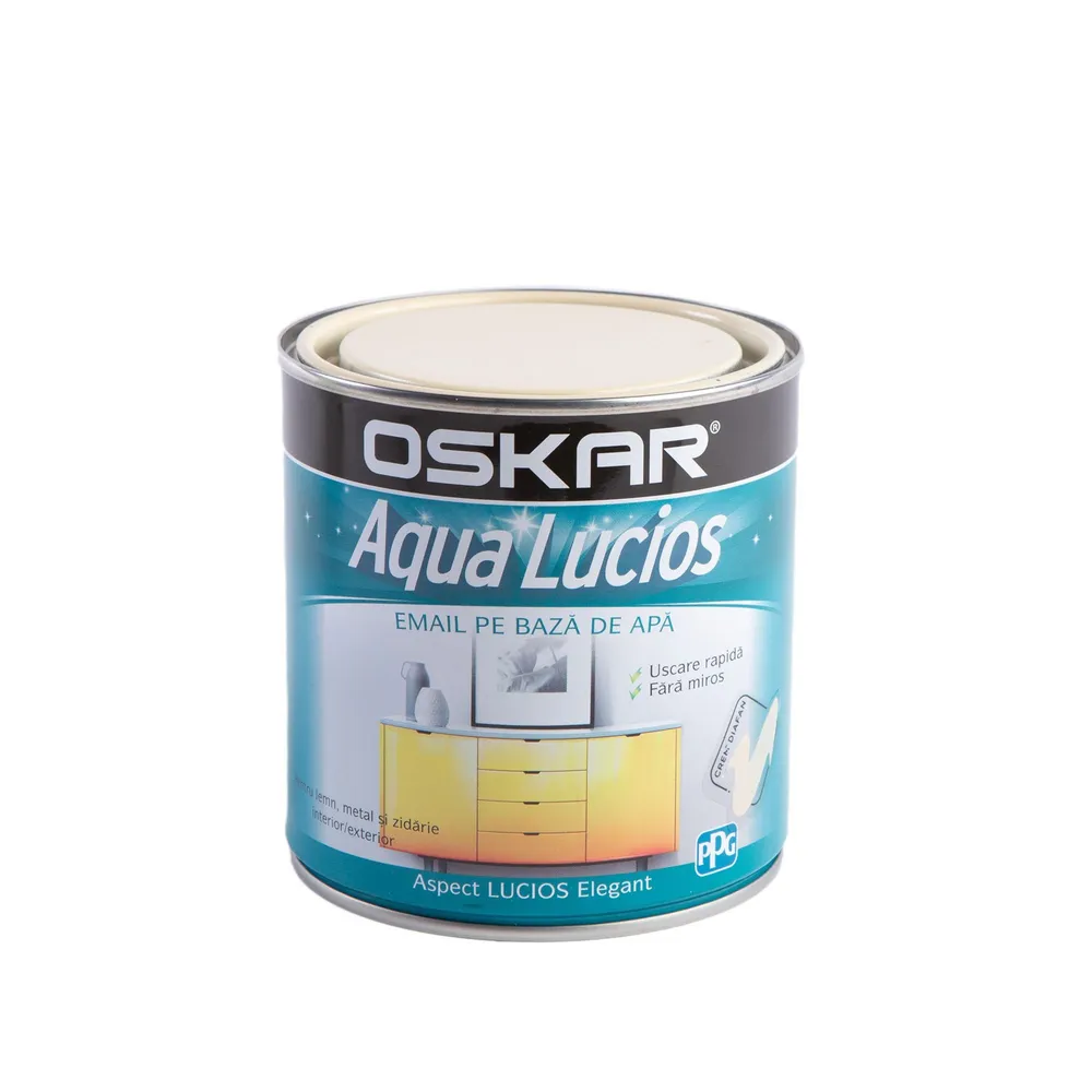 Email pe baza de apa Oskar Aqua Lucios, pentru lemn si metal, crem diafan, aspect lucios, 0.6 L