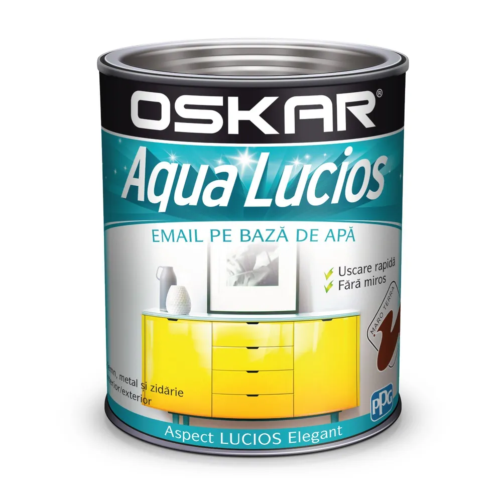 Email pe baza de apa Oskar Aqua Lucios, pentru lemn si metal, maro terra, aspect lucios, 0.6 L
