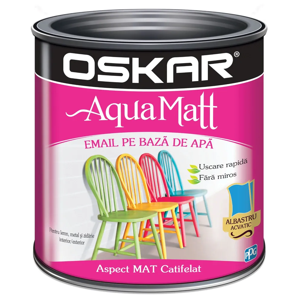 Email pe baza de apa Oskar Aqua Matt, pentru lemn si metal, albastru acvatic, aspect mat, 0.6 L