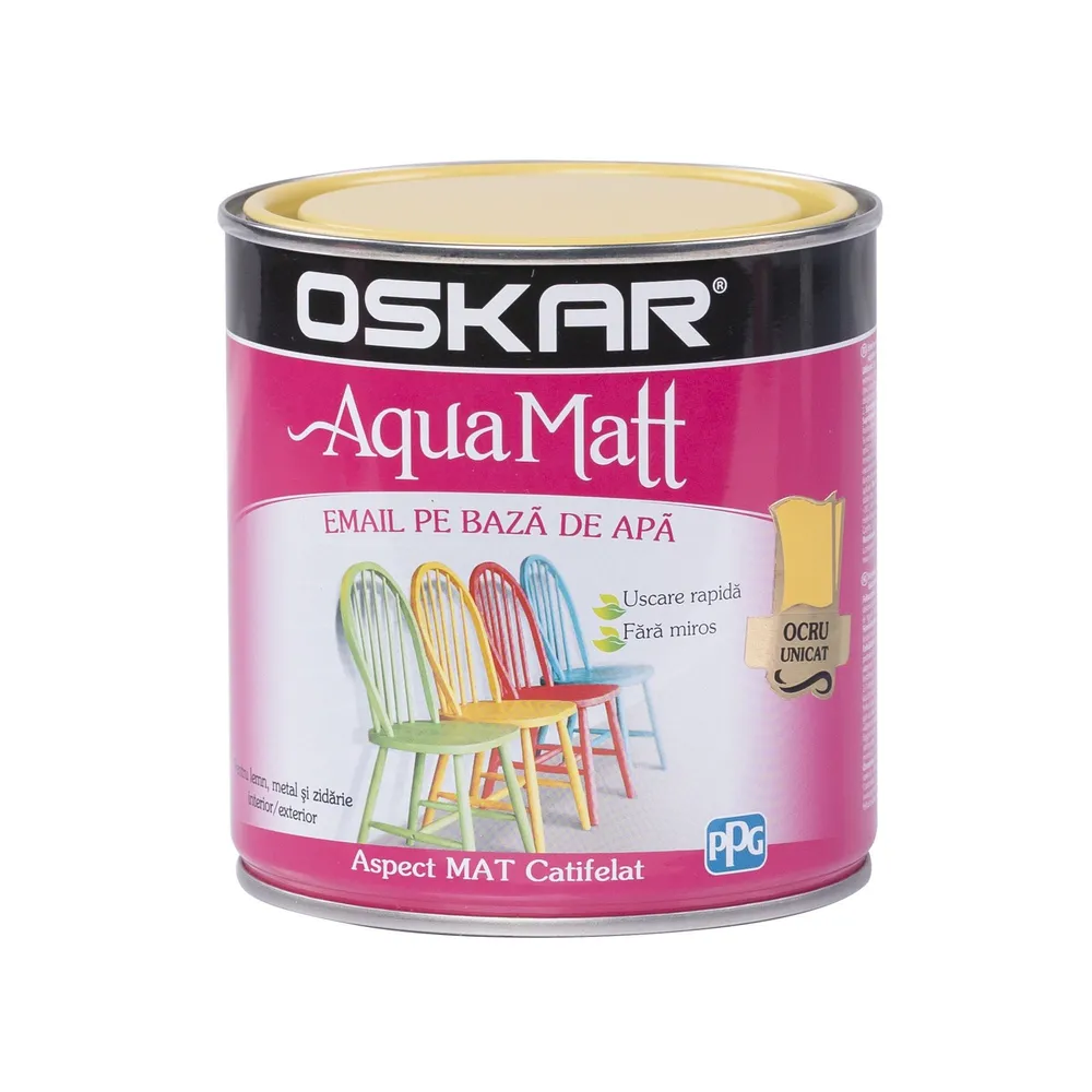 Email pe baza de apa Oskar Aqua Matt, pentru lemn si metal, ocru unicat, aspect mat, 0.6 L
