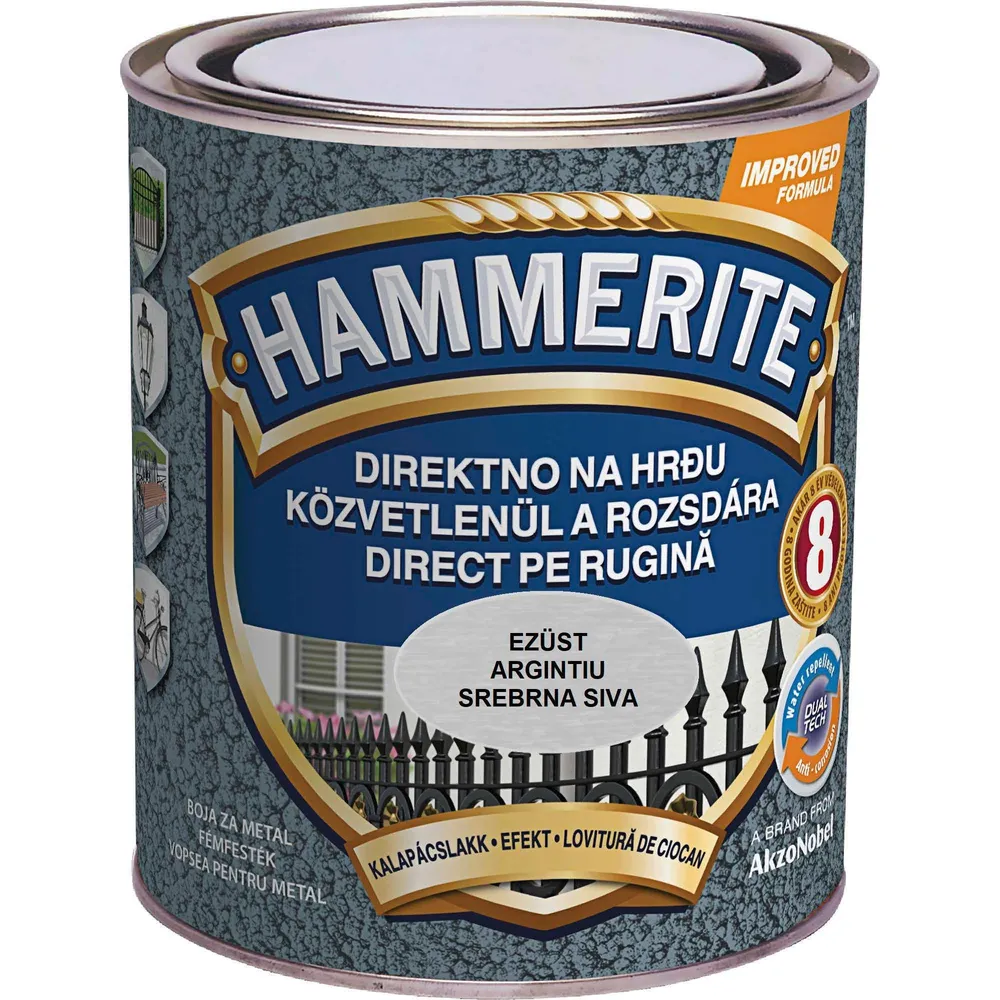 Email pe baza de solvent Hammerite, pentru metal, argintiu, aspect lovitura de ciocan, 0.75 L