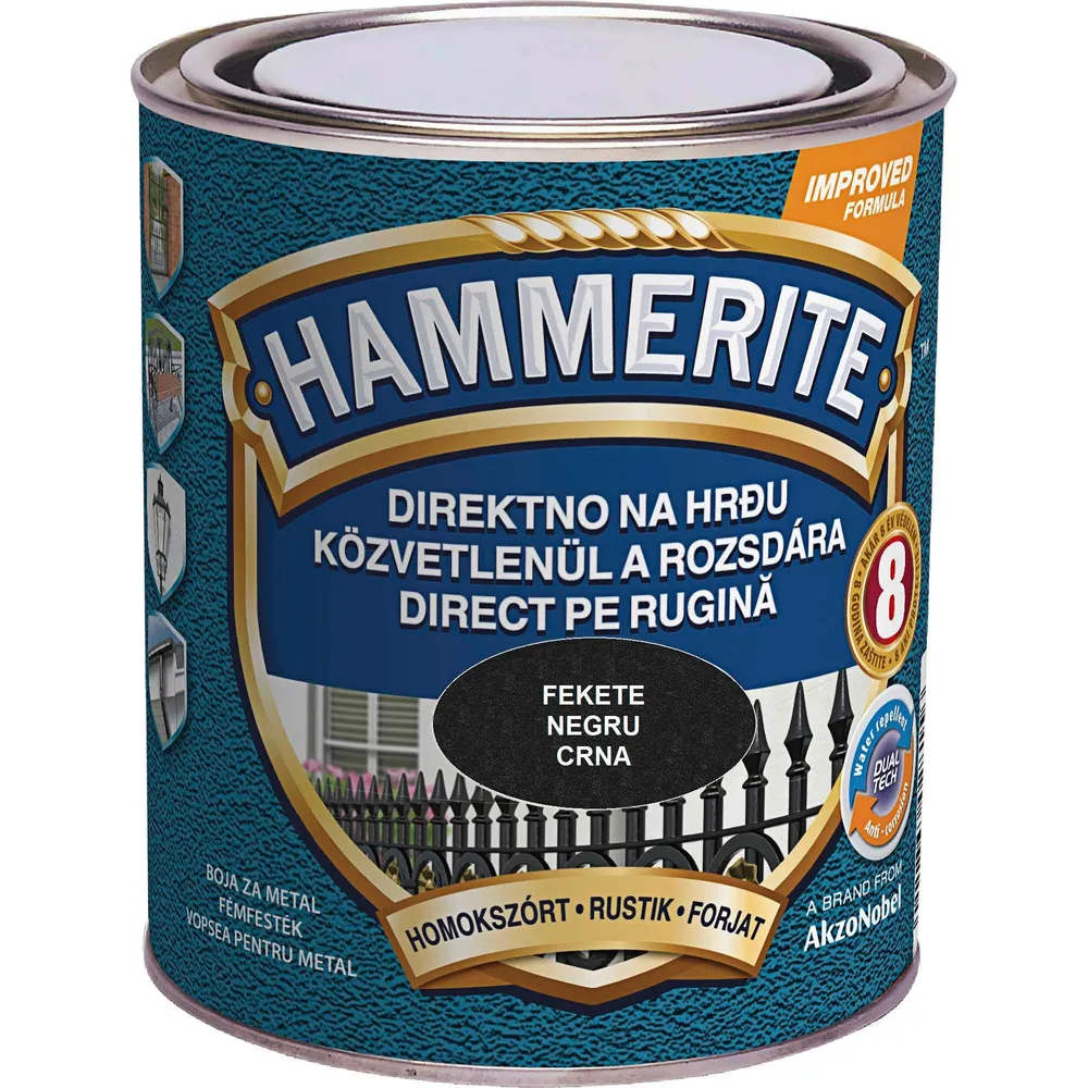 Email pe baza de solvent Hammerite, pentru metal, negru, aspect fier forjat, 0.75 L