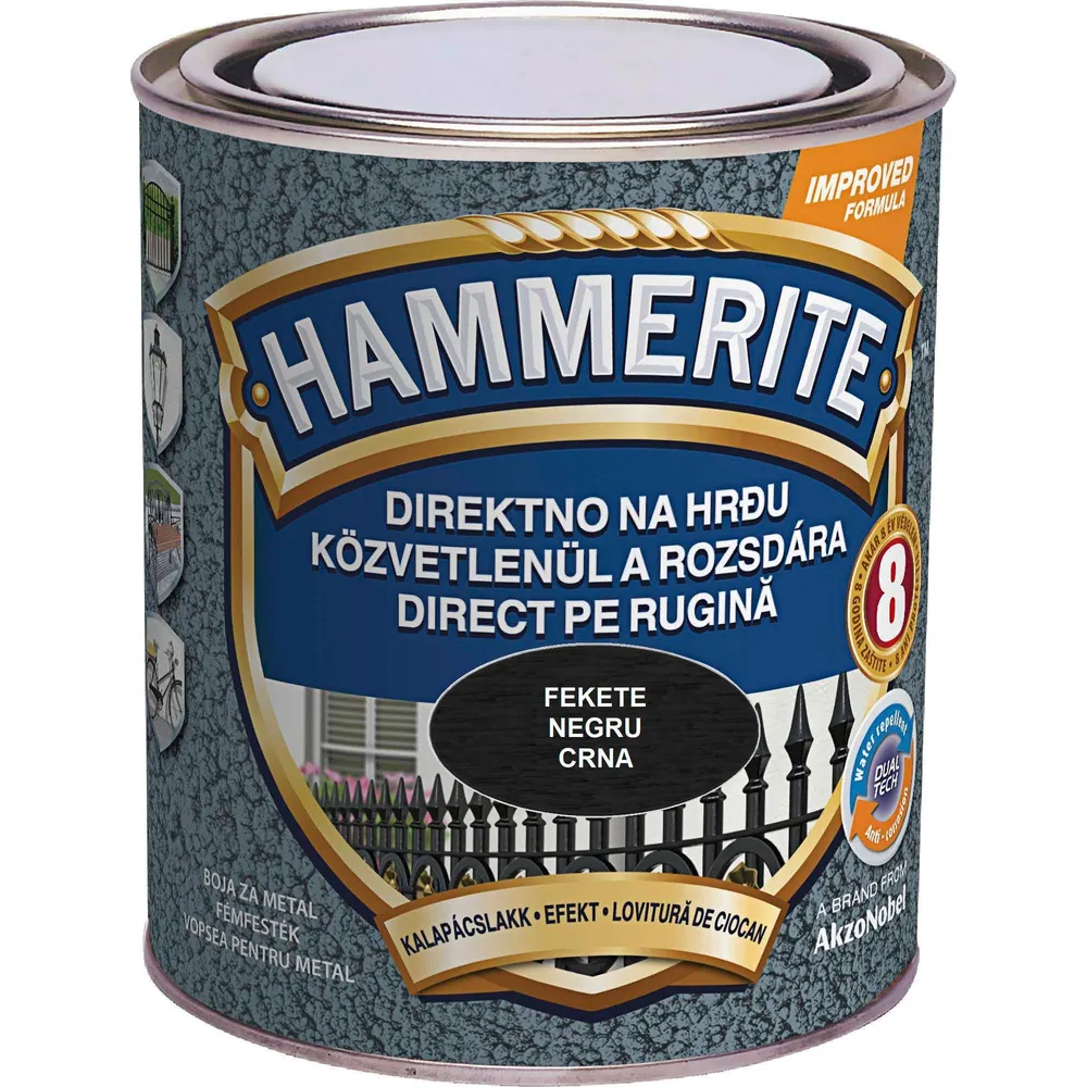 Email pe baza de solvent Hammerite, pentru metal, negru, aspect lovitura de ciocan, 0.75 L