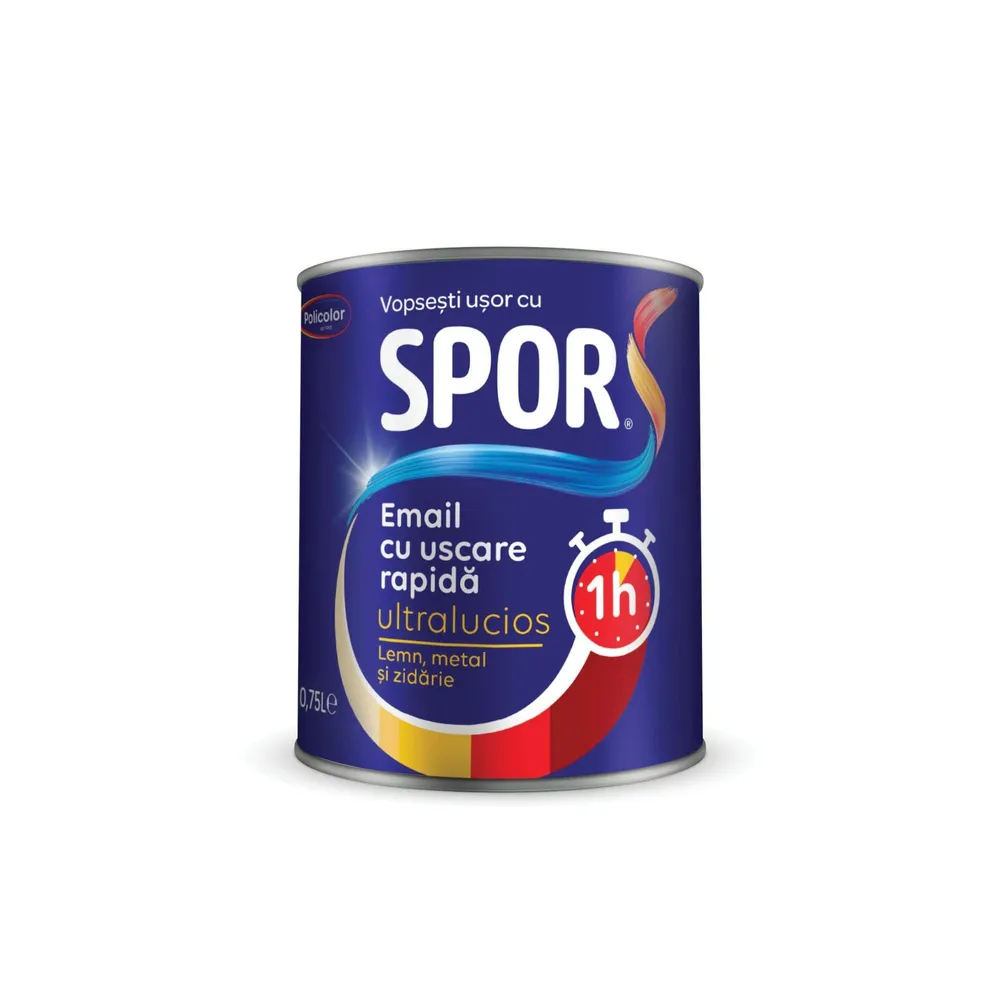Email pe baza de solvent Spor Uscare Rapida, pentru lemn si metal, alb, aspect lucios, 0.75 L