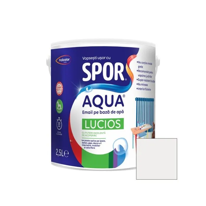 Email pentru lemn / metal, Spor Aqua lucios, interior / exterior, pe baza de apa, alb, 2.5 L