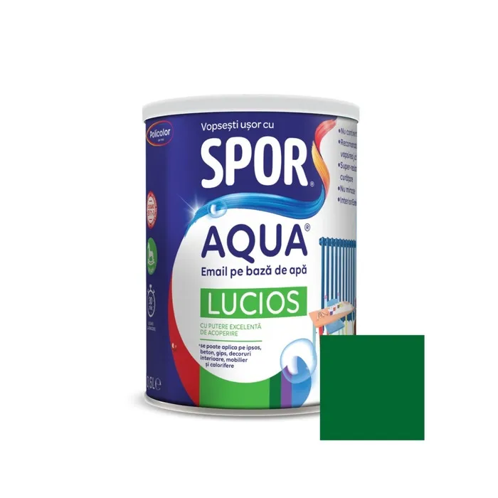 Email pentru lemn / metal, Spor Aqua lucios, interior / exterior, pe baza de apa, verde brad, 0.6 L