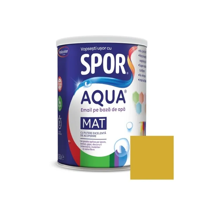 Email pentru lemn / metal, Spor Aqua mat, interior / exterior, pe baza de apa, galben mimosa, 0.6 L