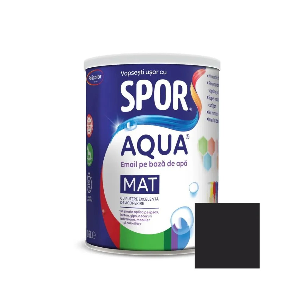 Email pentru lemn / metal, Spor Aqua mat, interior / exterior, pe baza de apa, negru graphit, 0.6 L