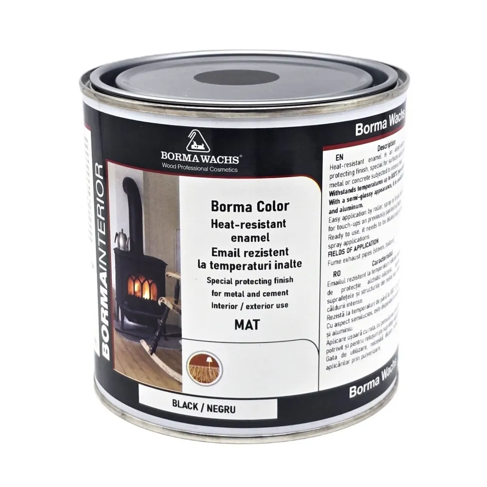 Email pentru metal si ciment, Borma Color, rezistent la temperaturi inalte, interior / exterior, negru mat, 0.75 L