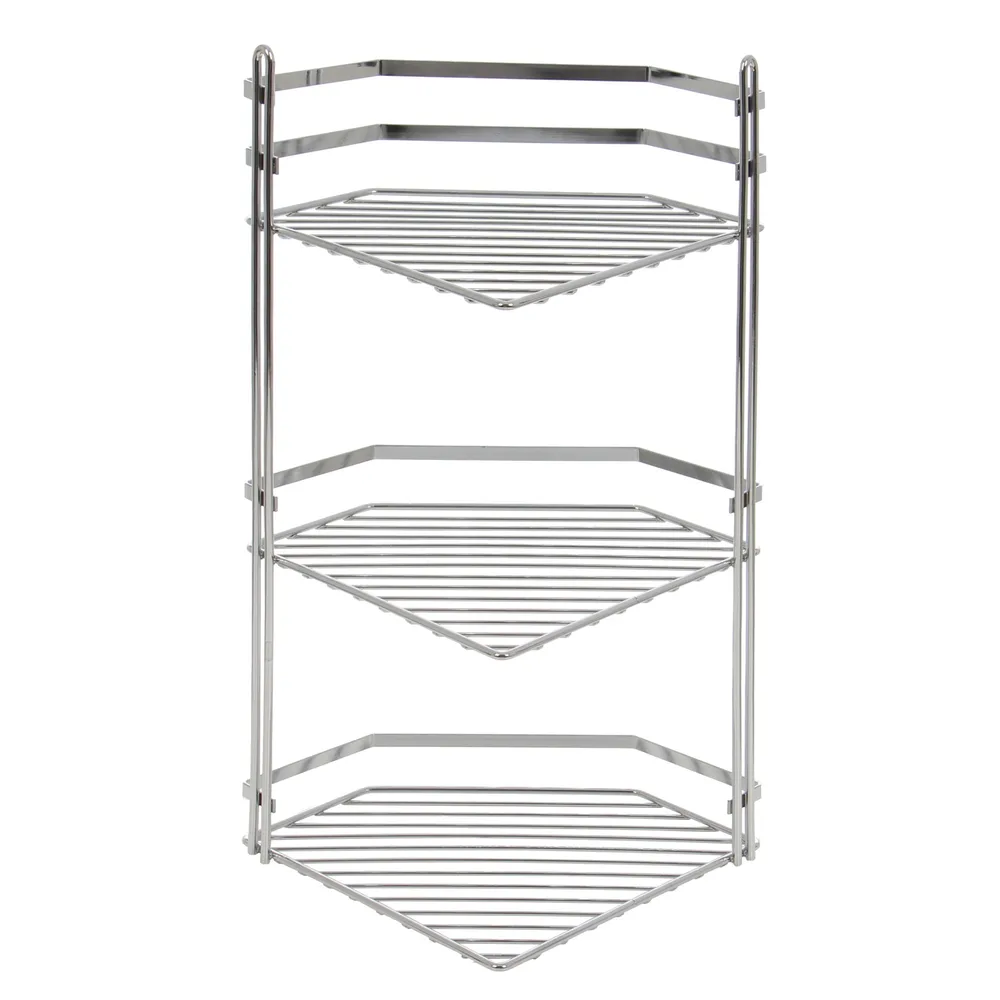 Etajera baie din metal ES076, montaj pe colt, finisaj cromat, trei rafturi, 20 x 20 x 50 cm