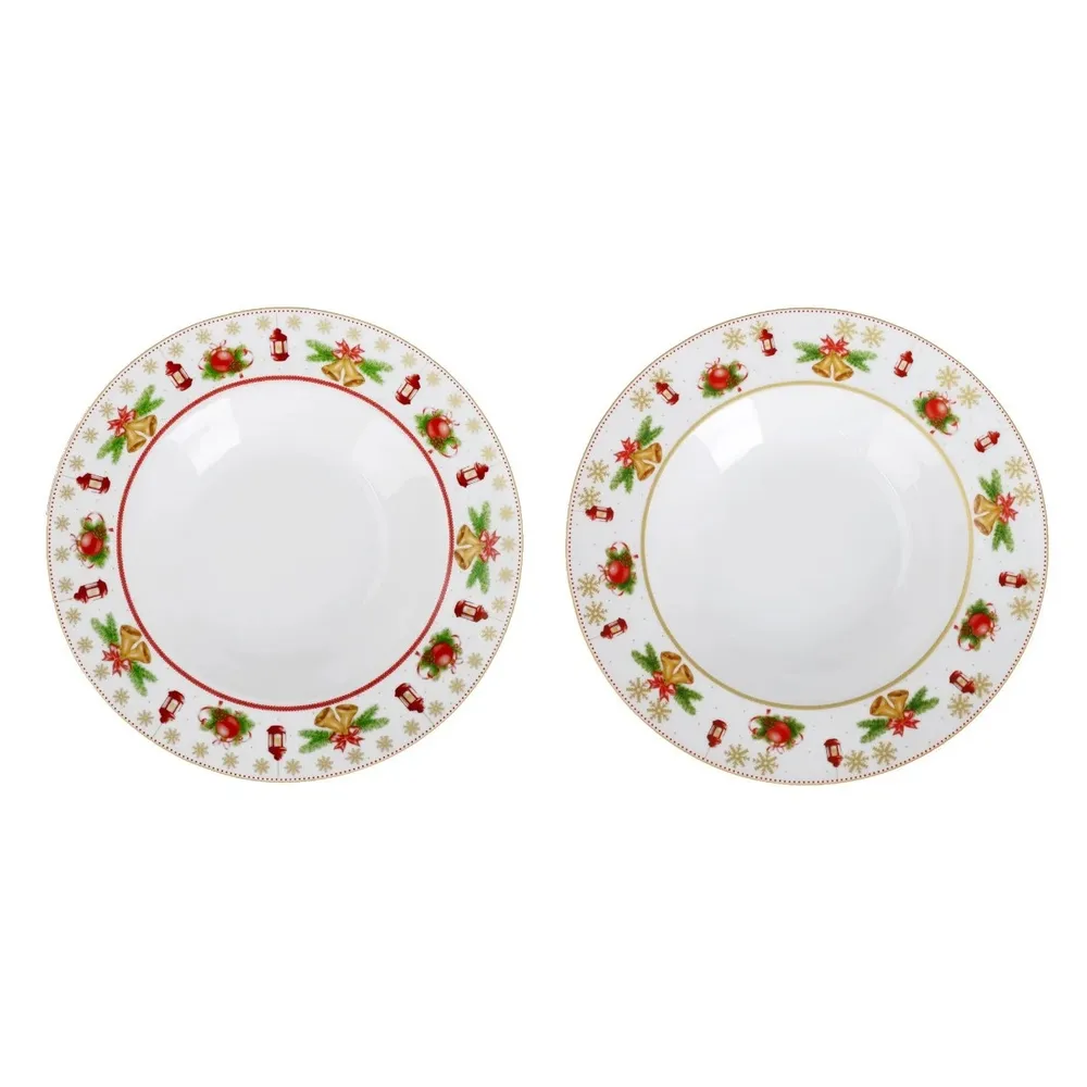 Farfurie Craciun EP3948, adanca, portelan, multicolor, 21 cm, set 2 bucati
