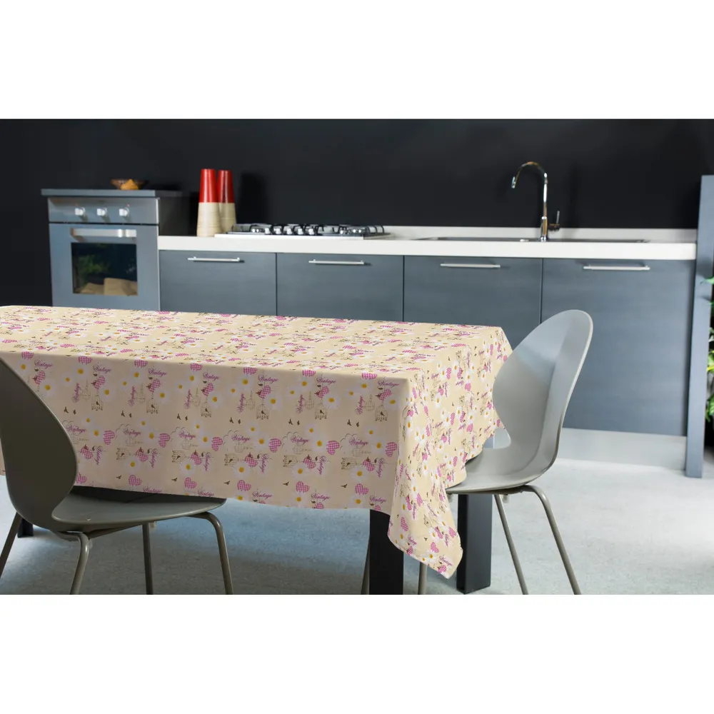 Fata de masa impermeabila Felpata 222, model floral, PVC, bej + roz, 160 x 120 cm