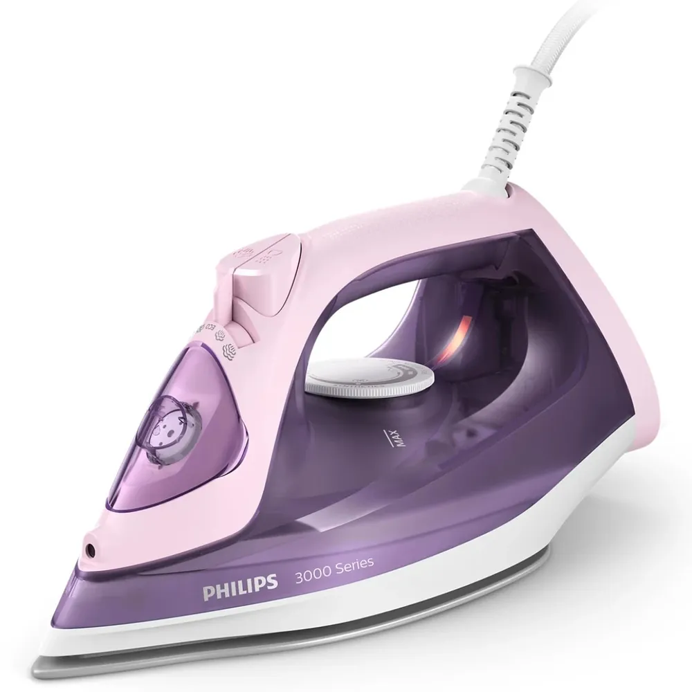 Fier de calcat Philips DST3020/30, 2200 W, talpa ceramica, 0.30 litri, 160 g/min, abur vertical, sistem anti-picurare, sistem anti-calcar, mod Eco, roz cu mov