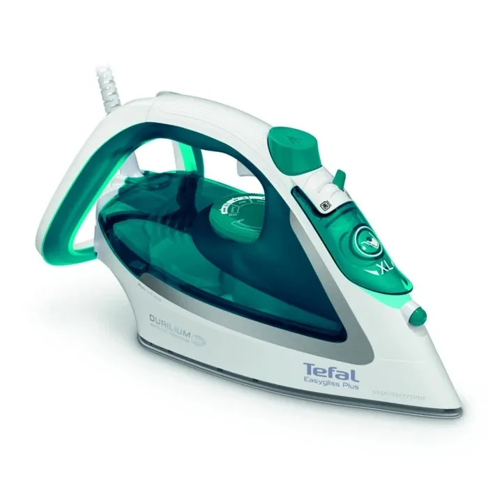 Fier de calcat Tefal FV5718E0, 2500 W, talpa inox Durilium Airglide, 0.27 litri, 195 g/min, abur vertical, sistem anti-calcar, sistem anti-picurare, suport integrat, turcoaz cu alb