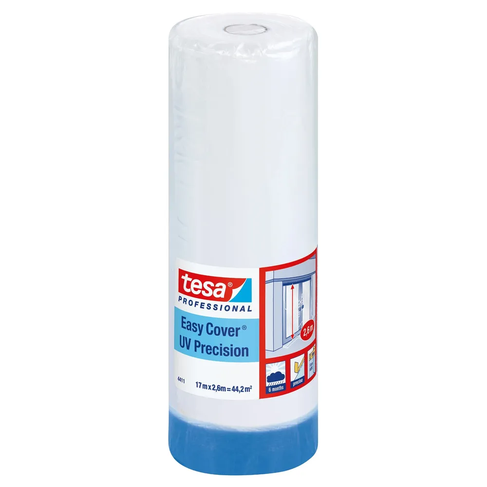Folie de acoperire cu banda mascare, tesa Easy Cover 4411 UV Precizie, transparent, exterior, 17 x 2.6 m